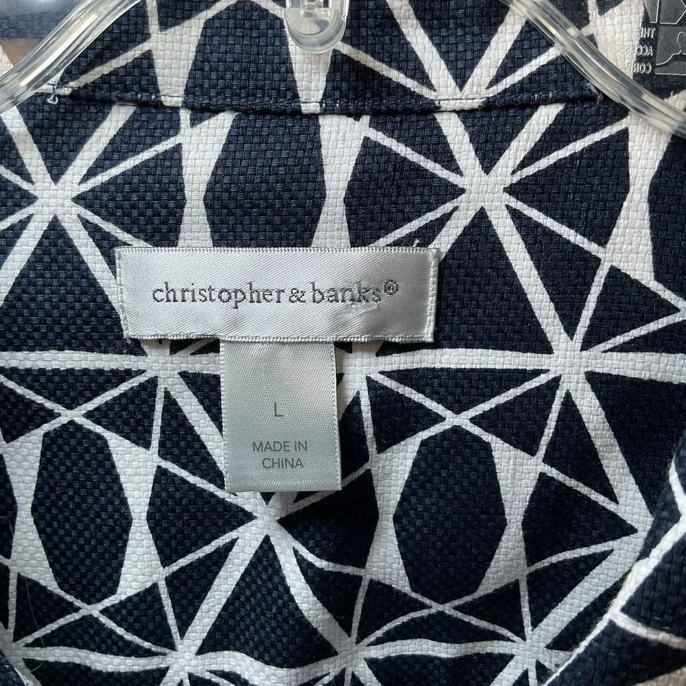 Women's Blazer Jean Jacket Size Large Blue Geo Print Button Up Lightweight